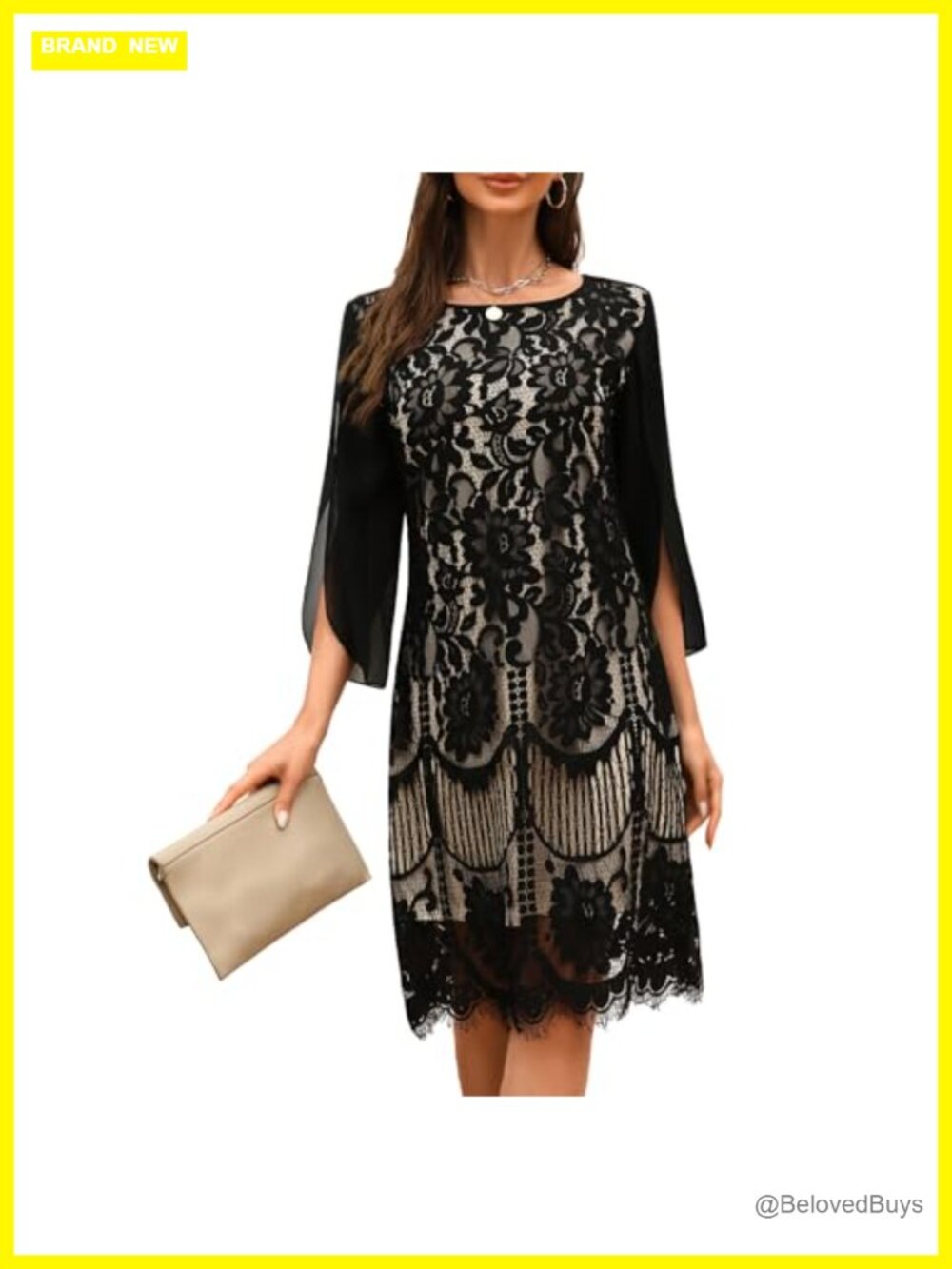 Lace Sequin Wedding Guest Dress Formal Cocktail A-Line V-Neck Slit Sleeve